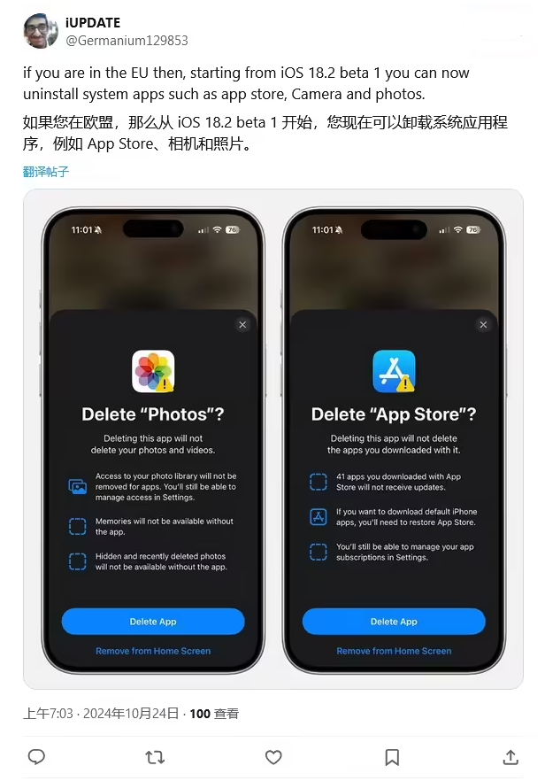 岳池苹果手机维修分享iOS 18.2 支持删除 App Store 应用商店 